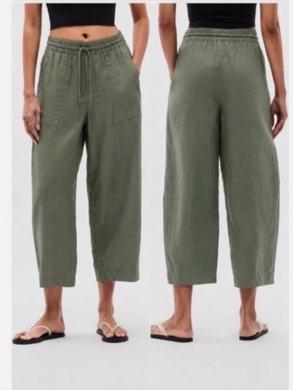 Athleta Retreat Linen Easy Barrel Crop Pants Pull-On 100% Linen Cacti M Petite
